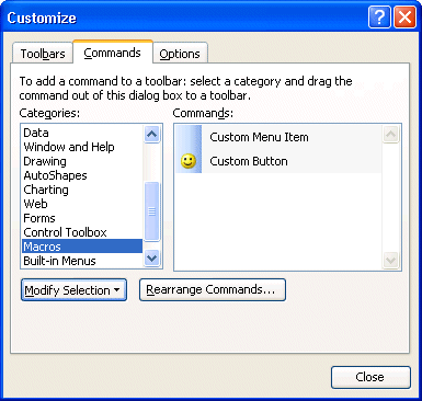 Excel: Add commands to a toolbar, including macro commands