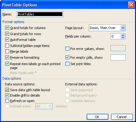 PivotTable options: determining the options for the table