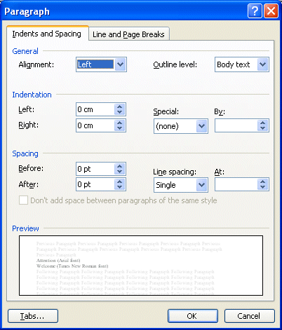 Paragraph window - Indents and spacing options