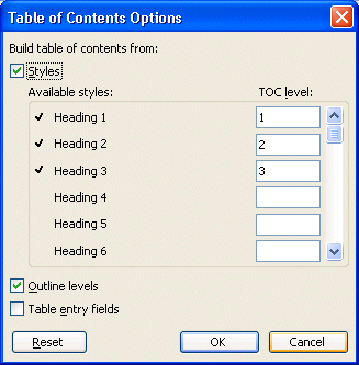 Table of content options window