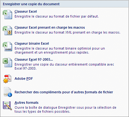 Excel 2007: Enregistrer sous - liste des formats possibles
