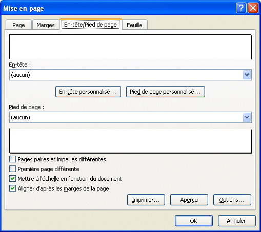 Excel 2007 - Mise en page - onglet En-tête Pied de page