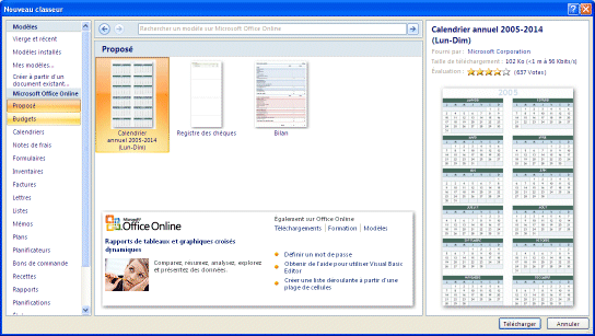 Excel 2007 : Nouveau document selon the modèthe disponibles