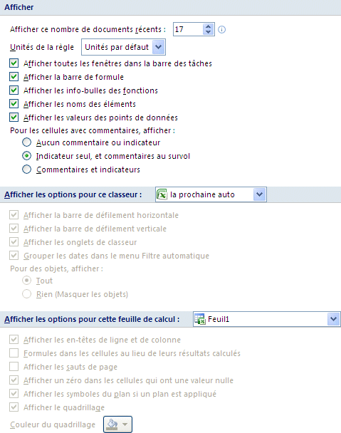 Excel 2007 : Options avanc&eacute;es - Afficher, workbook, feuille de calcul