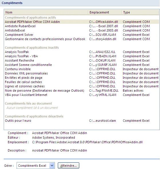 Excel 2007 : Options Compl&eacute;ments