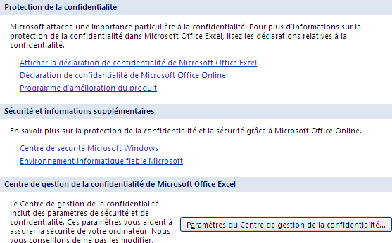 Excel 2007 : Options Centre gestion de la confidentialit&eacute;