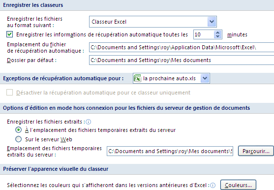 Excel 2007 : Options enregistrement