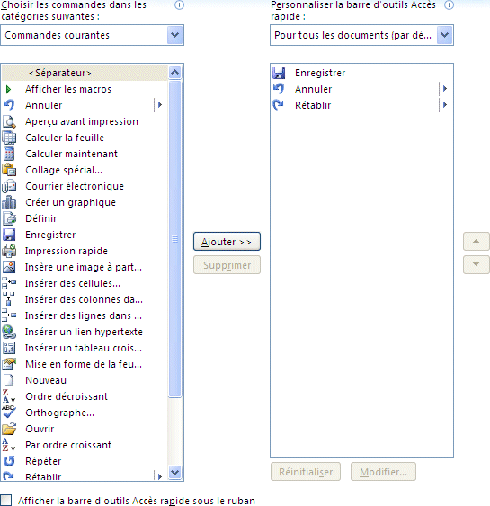 Excel 2007 : Options personaliser barre d'acc&egrave;s rapide