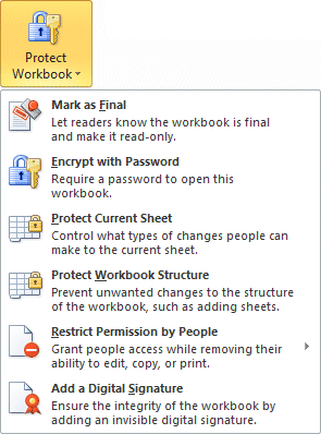 Excel 2010 - File tab - Info - Protect Workbook