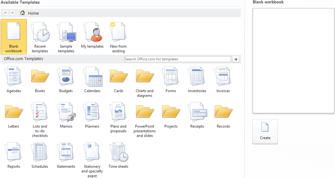 Excel 2010 - File tab - New