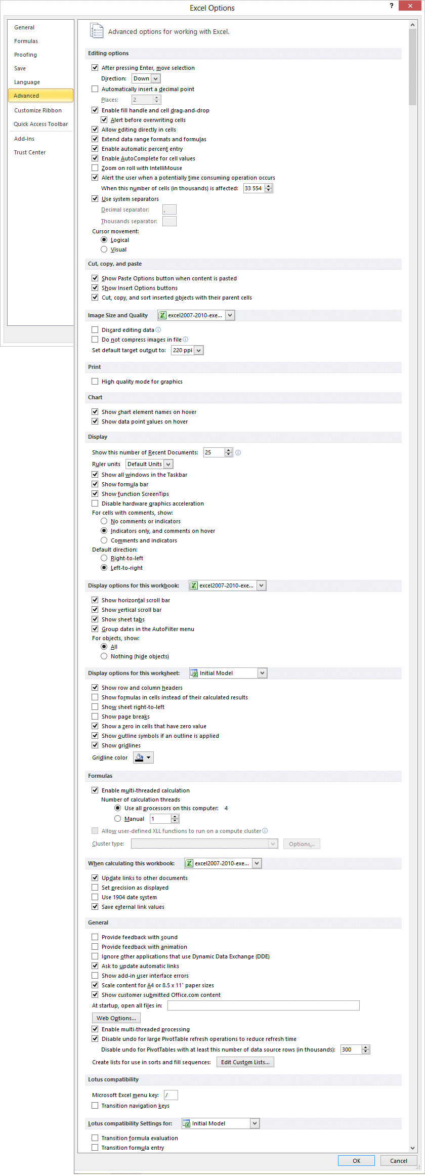 Excel 2010 - File tab - Options - Advanced