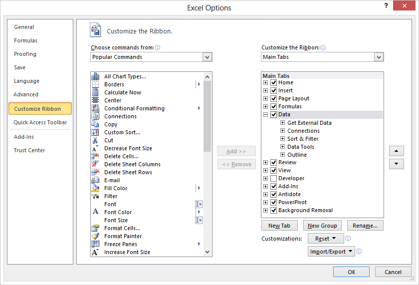 Excel 2010 - File tab - Options - Customize Ribbon
