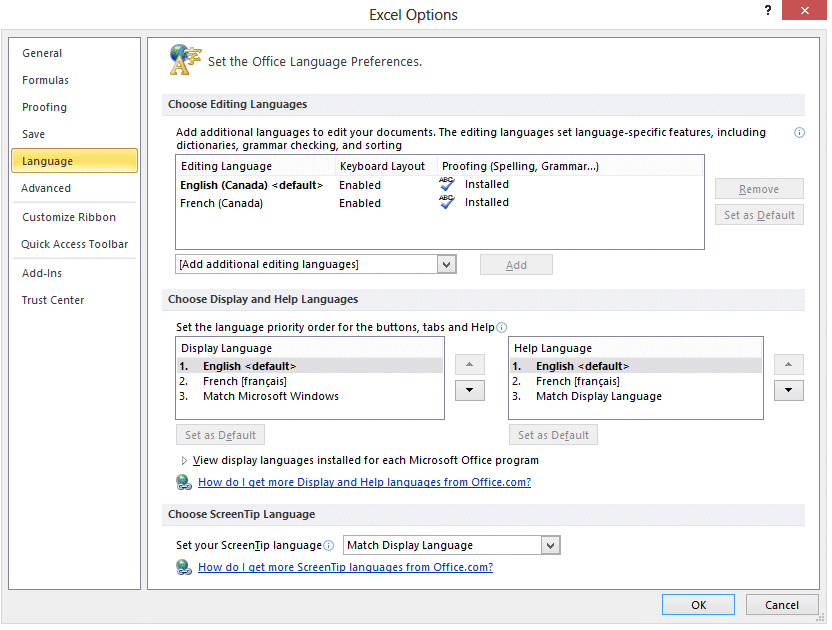 Excel 2010 - FIle tab - Options - Language