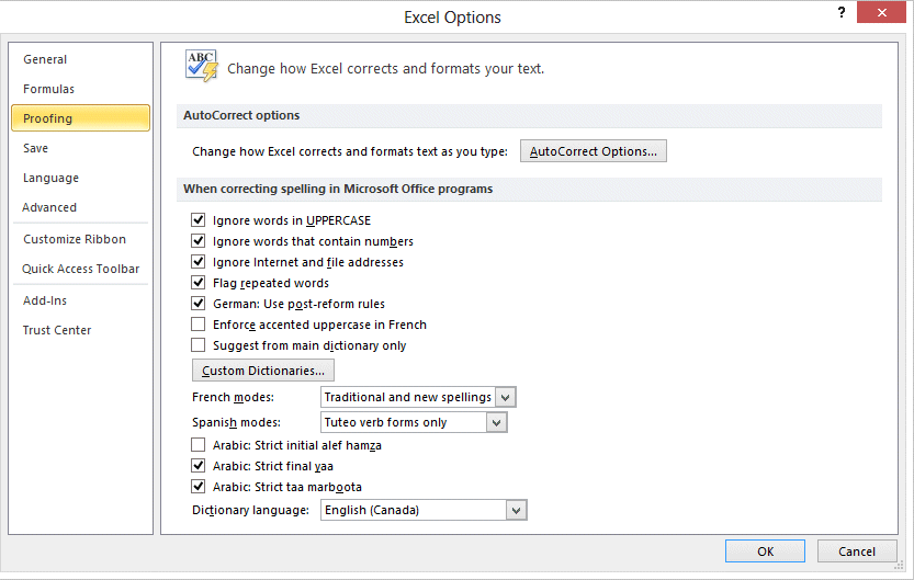 Excel 2010 - File tab - Options - Proofing