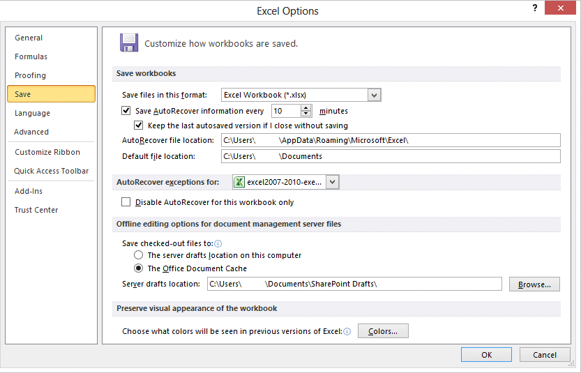 Excel 2010 - File tab - Options - Save