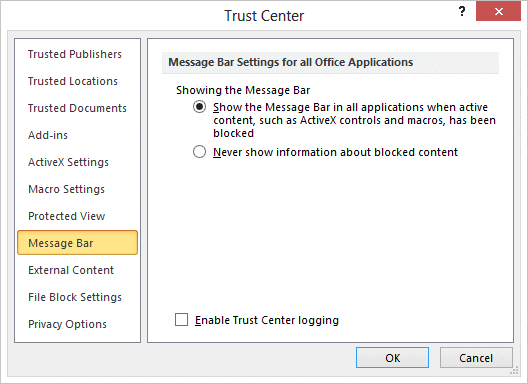 Excel 2010 - File tab - Options - Trust Center settings