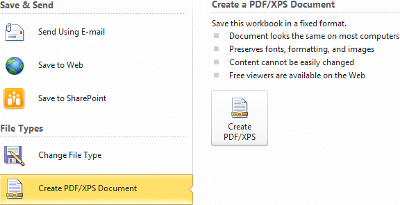 Excel 2010 - File tab - Save and Send - PDF/XPS Document