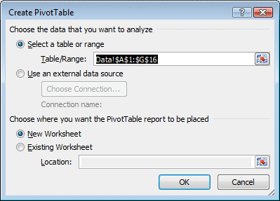 Excel 2010 - Create PivotTable window