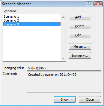 Excel 2010 - Scenario Manager Window