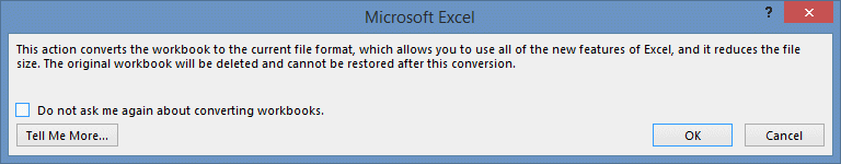 Excel 2013 - File - Info- Convert - Warning