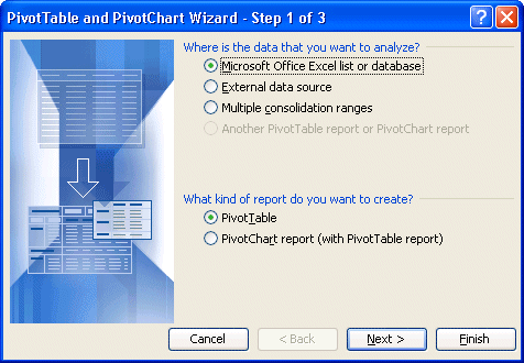 PivotTable and PivotChart Wizard Step 1: selecting the type of data and type of report (table or chart)