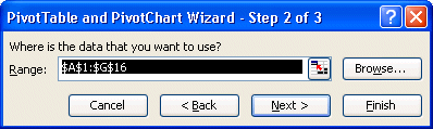 PivotTable and PivotChart wizard step2: determining  the location of the database