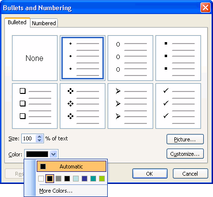 Bullets and numbering window