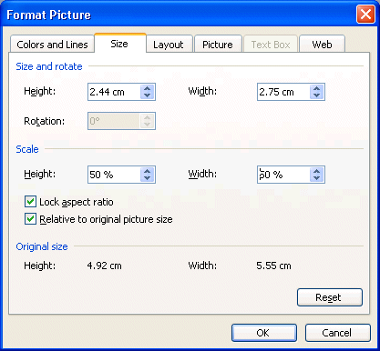 Format picture window, size tab, scale at 50%