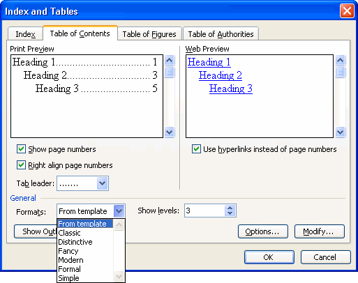 Table of content window