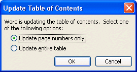 Update of the table of contents