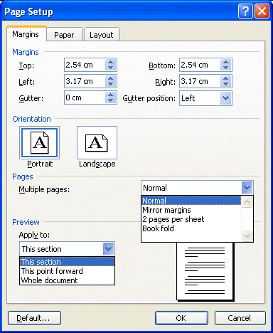 set default page layout in word 2010